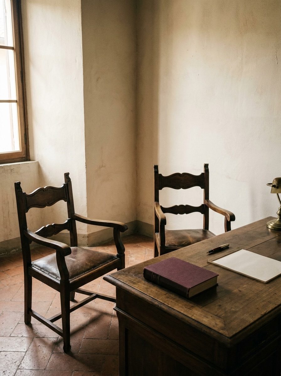 Sala colloqui dello Studio: due poltroncine in legno attorno al tavolo, con un volume di legge e un blocco per appunti